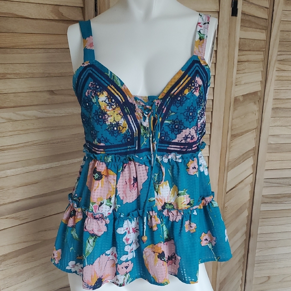 3/35 babydoll Floral Bustier Tank Top Lace up Sz S colorful Romantic - Picture 1 of 12